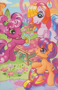 there are many little ponys playing with each other at the table and having fun