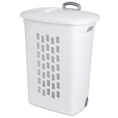 a white laundry basket with wheels