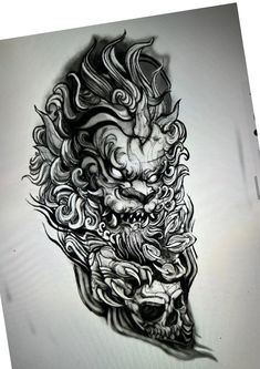 an ink drawing of a dragon head