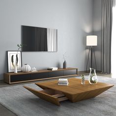 a modern living room with grey walls and wooden furniture