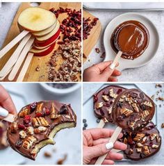 the instructions for making chocolate caramel apple pops are shown in three different pictures, one is