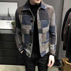 Lapel Jacket, Patchwork Jacket, England Fashion, Japanese Streetwear, Mens Plaid, Woolen Coat