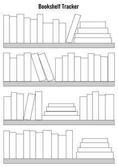 three bookshelves with different types of books on them, one is black and white