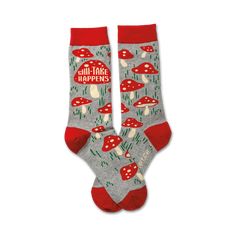 gray mushroom socks with red polka dots and shiitake happens printed. crew length, women's. Mushroom Socks, Dad Socks, Socks Design, Sock Lovers, Grey Socks, Plastic Hangers, Primitives By Kathy, Mushroom Design, Funny Socks