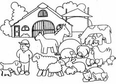 a black and white drawing of farm animals in front of a barn with a man