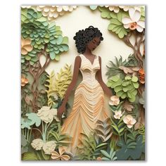 a woman in an orange dress is surrounded by flowers and trees with paper cut outs