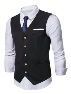 Preto Looks para o Trabalho Collar Sem Mangas Tecido Simples  Embellished Não elástico Ben Silver, Men Waistcoat, Mens Waistcoat, Plus Size Suits, Men Plus Size, Black Work, Vest Shirt, Suit Separates, Plus Size Clothing