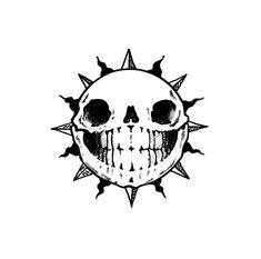 a black and white drawing of a skull with spikes on it's head, in the shape of a sun