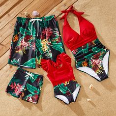 Introducing Our Floral Drawstring Swim Trunks & Halter Top Swimsuit: Perfect for Summer Get ready for some fun in the sun with our Floral Drawstring Swim Trunks & Halter Top Swimsuit! Whether you're planning a tropical vacation or a day at the beach, this stylish swimwear set is the perfect choice for the whole family. Product Details: Material: Polyester Product Introduction: The perfect family outfit for a tropical holiday - Tropical Paradise Swimsuit. Fabric Composition: Dad/Boy: 90% polyester + 10% spandex Mom/Girl: Lower Body: 90% polyester + 10% spandex Upper Body: 80% nylon + 20% spandex Lining: 90% polyester + 10% spandex Care Instruction: Machine wash in cold water, do not dry clean or bleach, low-temperature ironing recommended. Key Features: Adjustable drawstring swim trunks for Playful Beach Sets With Stretch, Playful Red Sleeveless Swimwear, Playful Swimwear Set For Summer, Playful Summer Swimming Sets, Fun Summer Beach Sets, Red Summer Holiday Sets, Red Fun Swimwear For Pool, Fun Red Swimwear For Pool, Red Sleeveless Swimwear For Holiday