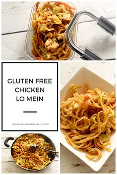 three different pictures with the words gluten free chicken lo mein in front of them