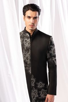 Black sherwani featuring bead and cutdana placement embroidery. Paired with a kurta and a churidar. - Aza Fashions Black Sherwani, Kurta Set Men, Placement Embroidery, Band Collar, Churidar, Kurta Set, Full Sleeves, Black Linen, Embroidered Silk