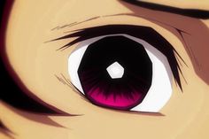 an anime character's eye with pink iris