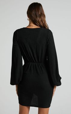 Charmine Mini Dress - Twist Front Long Sleeve Dress in Black | Showpo USA Chic Black Ruched V-neck Dress, V-neck Twist Front Dress For Date Night, Twist Front V-neck Dress For Date Night, Black V-neck Surplice Neckline Dress For Fall, Date Night V-neck Twist Front Dress, Flattering Black V-neck Mini Dress, Twist Front, Sleeve Dress, Dresses With Sleeves