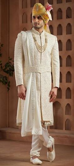 White and Off White color Sherwani in Art Silk fabric with Bugle Beads, Embroidered, Sequence, Thread work Wedding Kurta With Resham Embroidery, Wedding Kurta With Intricate Embroidery And Traditional Drape, Traditional Wedding Kurta With Intricate Embroidery, Off White Fitted Churidar For Wedding, Wedding Kurta With Resham Embroidery In Traditional Drape, White Cutdana Sherwani For Reception, Ceremonial Lehenga With Pallu, White Bandhgala With Cutdana For Reception, Off White Chikankari Embroidered Sherwani For Wedding