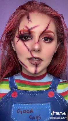 Womens Chucky Makeup, Women Chucky Makeup, Chunky Halloween Makeup, Chucky Inspired Makeup, Chucky Costume Makeup