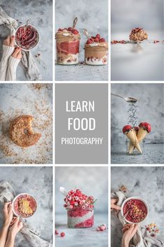 a series of photographs showing different food items and the words learn food photography on them