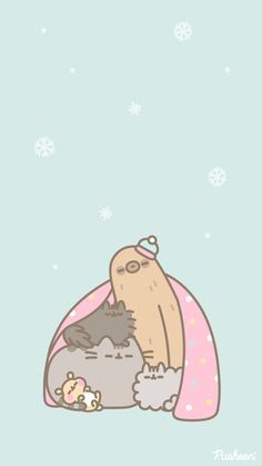 an animal sleeping on top of another animal in a blanket with snowflakes behind it