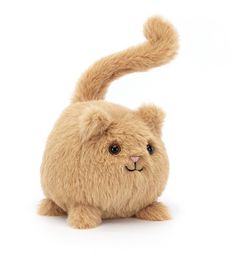 a brown stuffed animal sitting on top of a white surface with its tail up and eyes wide open