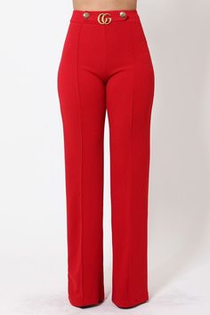 4e6cd95227cb0c280e99a195be5f6615desc34656138ri Buckle Pants, High Fashion Models, Dressy Pants, Red Pants, Leg Design, Button Detail, Flare Pants, High Waisted Pants, On Back