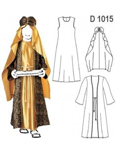 a women's dress and cape sewing pattern, with the hood pulled back in gold