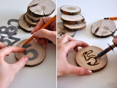 two pictures of someone cutting out wood with scissors and pencils on the table next to each other