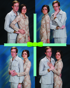 four different pictures of a man and woman posing for the camera with their arms around each other