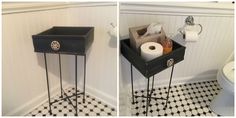 two pictures of a bathroom with black and white tile flooring, toilet paper roll holder in the middle