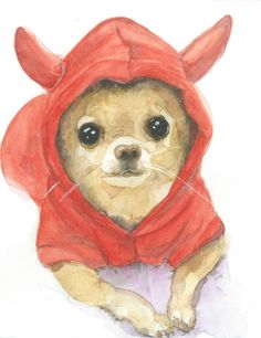 a watercolor drawing of a dog wearing a red hoodie and looking at the camera