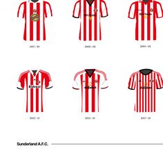 an image of soccer uniforms for different teams in red and white stripes, with the number one