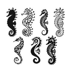 the silhouettes of seahorses are drawn in black and white