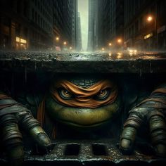 an image of a teenage mutant looking out from behind a sewer cover in the city