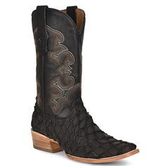 Corral Black Pirarucu Boots Fish Skin Boots, Black Western Mid-calf Boots With Square Toe, Western Style Black Mid-calf Boots With Square Toe, Fish Boots, Corral Boots, Goodyear Welt, Black Square, Leather Heels, Western Fashion