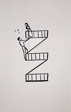 a drawing of a man walking up the stairs to another person standing on top of it