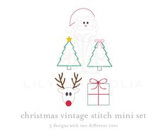 christmas vintage stitch mini set with reindeer, tree and santa claus's hat on white background