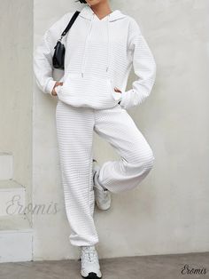 Eromis - Stylish Coordinated Outfit: Kangaroo Pocket Drawstring Hoodie & Pants Set, Contemporary Womens Clothing Fall Care, Hoodie Pants, Pocket Pattern, Drawstring Hoodie, Kangaroo Pocket, Kangaroo, Pants Set, Knit Fabric, Weaving