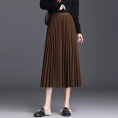 Olivia Mark - Woolen Midi Pleated Skirt with Letter Embroidery, High Waist and Floor-Length Design Brown Full Length Skirt For Spring, Non-stretch Full Length Fall Skirt, Spring Full Length Brown Skirt, Flowy Full-length Pleated Skirt For Fall, Long Wool Pleated Skirt, Fall Full-length Flowy Pleated Skirt, Brown Full-length Skirt For Spring, Winter Long Non-stretch Pleated Skirt, Black Pleated Full-length Skirt