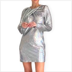 Size: Xxl Back Zip Close. Long Sleeve Mini Style With Dramatic Cape Sleeve Detail. Covered In Silver Holographic Sequins So This Dress Just Shines!! Fabric: Polyester Condition: Perfect Measures: Bust = 44", Waist = 40", Hips = 46", Length = 32" Evening Party Cocktail Event Night Out Dinner Date Cruise Resort Holidays Christmas New Year's Eve Wedding Guest Mini Disco Ball Dancing Mini Disco Ball, Ball Dancing, Holographic Sequins, Sequin Cape, New Year's Eve Wedding, Sparkle Mini Dress, New Years Eve Weddings, Silver Holographic, Cocktail Event