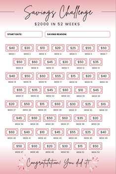 a pink and white coup sheet with the words savings challenge $ 500 in 2 weeks