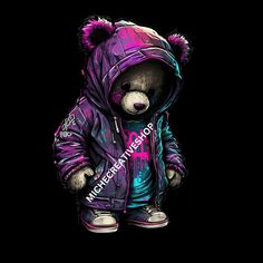 a painting of a teddy bear wearing a purple jacket