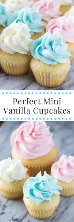 some cupcakes with frosting on them and the words perfect mini vanilla cupcakes