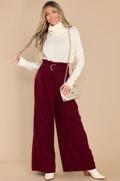 When you have to choose between "those" drab dress pants and these polished burgundy wide leg pants - I know you will choose the latter! You are always Keeping It Classy, in the office and beyond! These pants feature a paper bag style waistline, an adjustable belt, a zipper closure, and very flowy legs. Model is wearing an x-small. • 97% Polyester, 3% Spandex • Hand Wash Cold • Unlined • Imported High Waist Burgundy Wide Leg Pants For Fall, Burgundy High Waist Wide Leg Pants For Fall, Burgundy Bottoms For Fall Workwear, Burgundy Bottoms For Formal Fall Occasions, Formal Burgundy Bottoms For Fall, High Waist Burgundy Pants For Fall, Burgundy Pants For Work In Fall, Chic Burgundy High-waisted Wide Leg Pants, Chic Burgundy Wide Leg Trousers