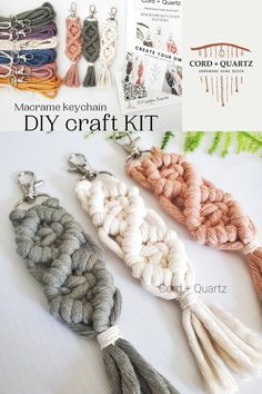 crochet keychains with tassels and thread on them are shown in three different colors