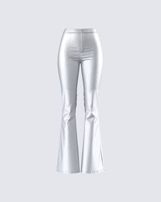 Mika Silver Flared Pant Silver Bottoms, Silver Shirt, Silver Outfits, Silver Pants, Blue Corset, Black Off Shoulder, White Jersey, Basic Style, Make A Wish