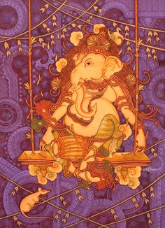 an elephant sitting on top of a wooden bench in front of purple and gold background