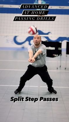 a man holding a tennis racquet on top of a hard wood floor with the words split step passes in front of him