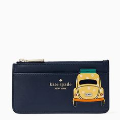 Kate Spade Beep Beep Large Slim Card Holder Wallet Vw Bug Yellow Car Navy Blue Price Is Strictly Firm Approximate Measurements: 6.5" (L) X 3.5" (H) X .25" (D) Gorgeous Smooth Leather In Blazer Blue Kate Spade Signature Name On Front Of Holder Interior Is Lined With Kate Spade Signature Fabric With Zipper Closure , 7 Card Holders And Full Length Slip Pocket On Front And Back Kate Spade Blue Travel Wallet, Kate Spade Blue Rectangular Wallet, Kate Spade Blue Wallet With Card Slots, Yellow Car, Blazer Blue, Kate Spade Accessories, Vw Bug, Navy Blue Color, Card Holder Wallet