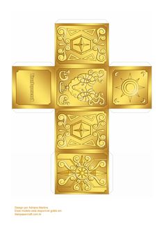 a cross made out of gold paper with ornate designs on the front and back side