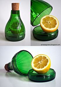 three pictures of green glass bottles with orange slices in them and one has a corked top