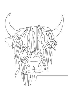 a black and white drawing of a bull's head with long hair on it