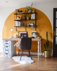 a room with a desk and shelves on the wall next to a cactus in a pot